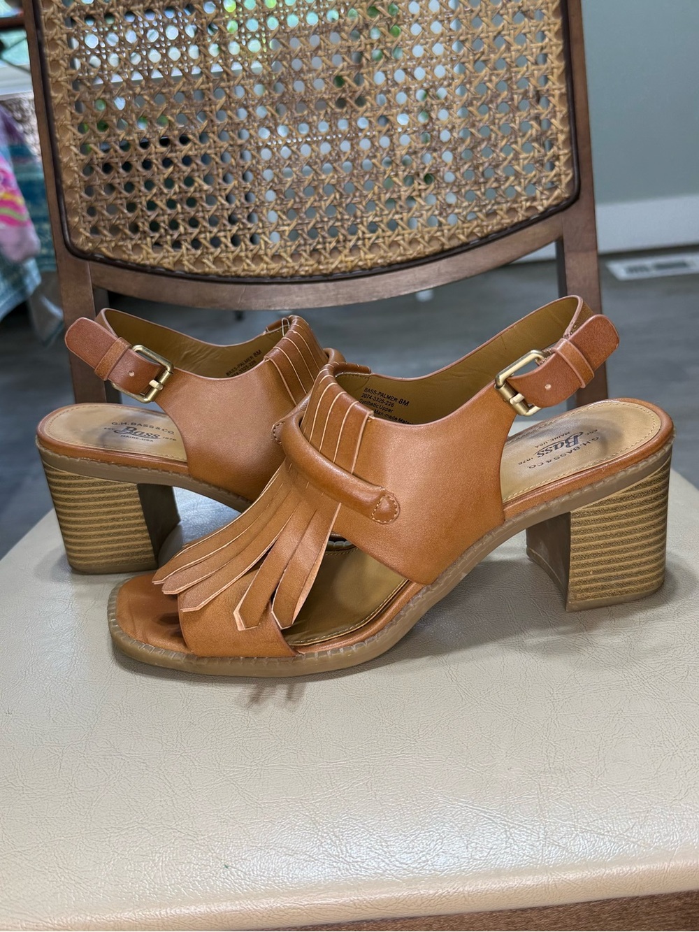 Bass Women’s 8 Fringe Block Heel Sandals - Tan